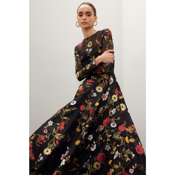 OSCAR DE LA RENTA Black Floral Hand Embroidered Tulle Beaded Midi Dress Size 6 - Picture 1 of 13